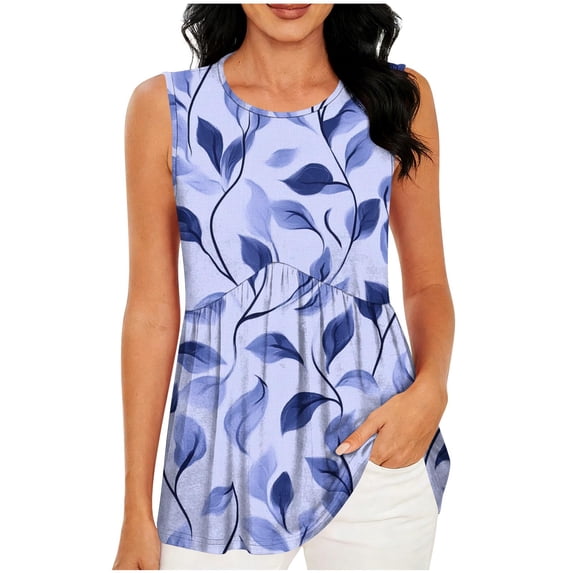 Lpmadey Tank Tops for Women Summer Sleeveless Tops Pleated Crewneck Floral Loose Fit Casual Flowy Boho Tunic Tops