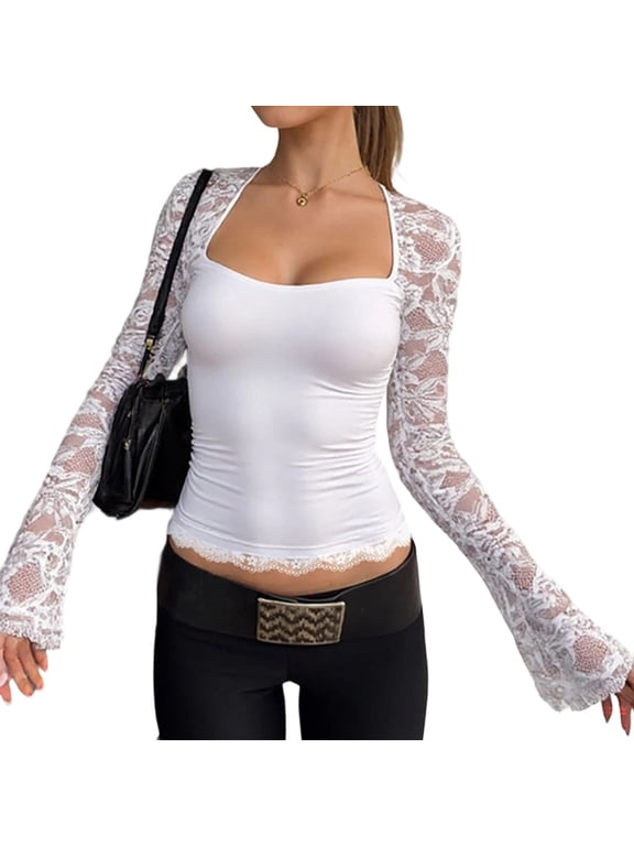 Women Lace Shrug See Through Floral Mesh Long Sleeve Crop Top Aesthetic Slim Fit Y2K Going Out Outfits