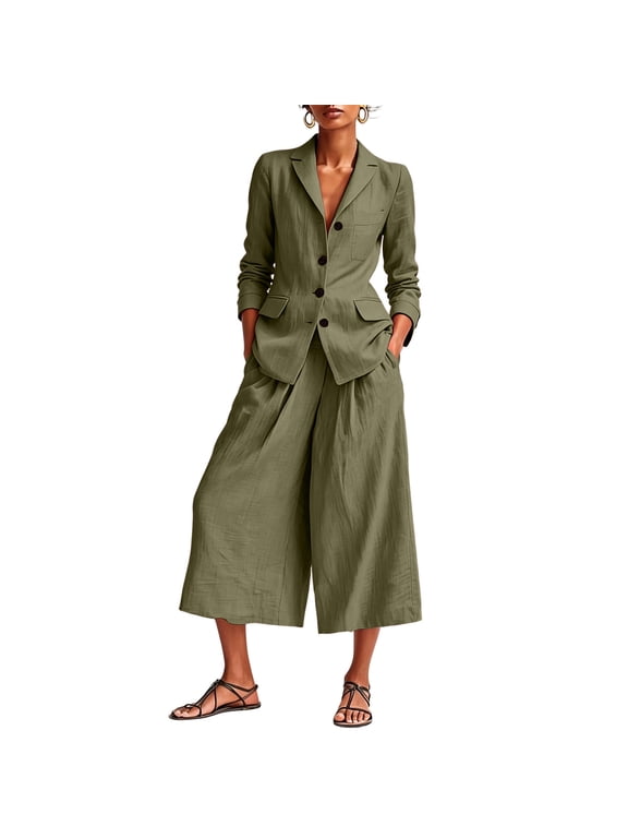 Women's 2-Piece Cotton Linen Blazer and Culottes Set, Long Sleeve Button Down V-Neck Suit Jacket with Pockets, Elastic Waist Wide Leg Cropped Pants