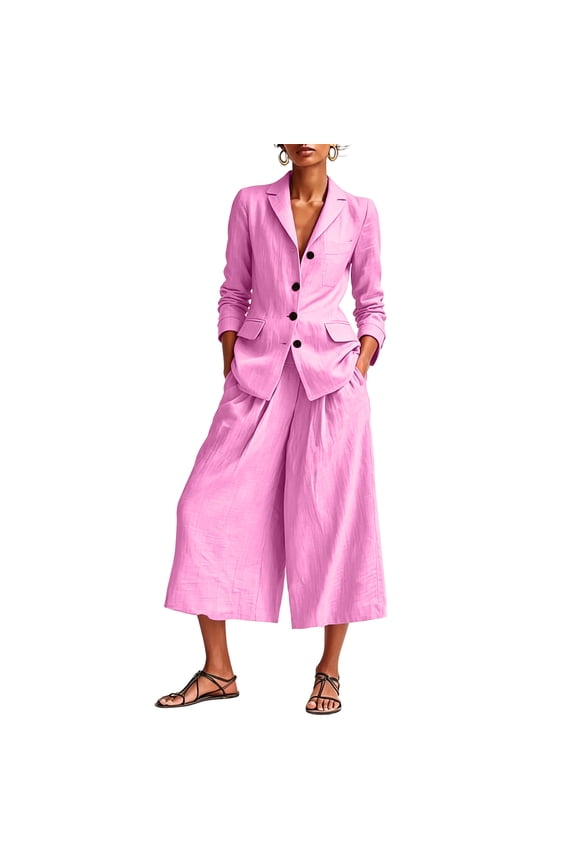 Women's 2-Piece Cotton Linen Blazer and Culottes Set, Long Sleeve Button Down V-Neck Suit Jacket with Pockets, Elastic Waist Wide Leg Cropped Pants