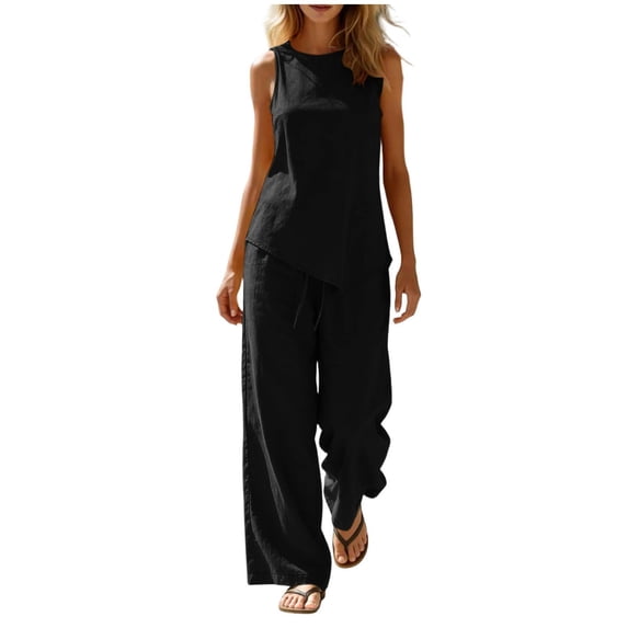 Lpmadey Women's 2-Piece Cotton Linen Sets, Sleeveless Crewneck Tank Top with Asymmetrical Hem and Drawstring Wide Leg Pants, Summer Casual Vacation Matching Outfit