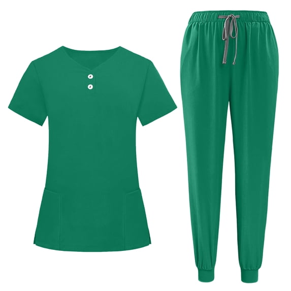 Lpmadey Women's 2-Piece Scrub Set with Pockets, Short Sleeve V-Neck Button Top and Drawstring Jogger Pants, Medical Workwear Uniform, Side Slit Relaxed Fit Nursing Scrubs