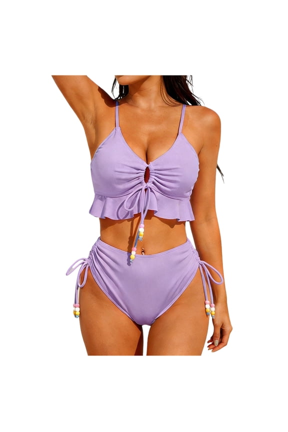 Women's 2 Piece Solid Ruffle Bikini Set - Drawstring High Waist Bottom with Beaded, Padded Wire-Free Bathing Suit