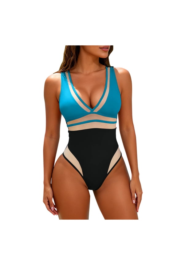 Women's Color Block One Piece Swimsuit - Mesh Panel V Neck Crisscross Back Tummy Control Bathing Suit with Removable Pads