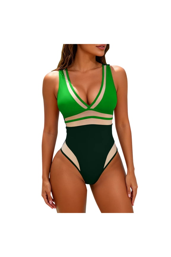 Women's Color Block One Piece Swimsuit - Mesh Panel V Neck Crisscross Back Tummy Control Bathing Suit with Removable Pads