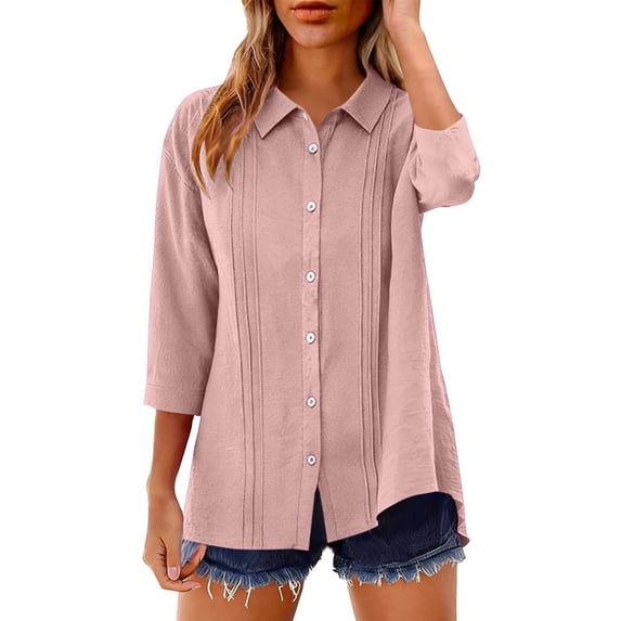 Lpmadey Women's Cotton Blend Button Down Shirt 3/4 Sleeve Collared Blouse Pleated Front Casual Loose Summer Tops S-2XL