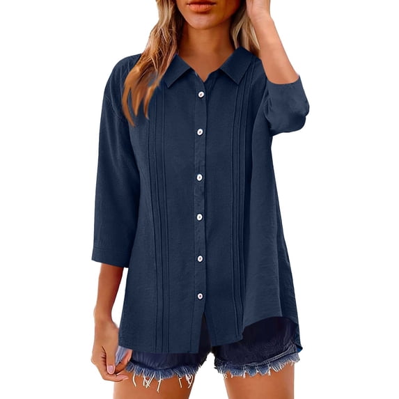 Lpmadey Women's Cotton Blend Button Down Shirt 3/4 Sleeve Collared Blouse Pleated Front Casual Loose Summer Tops S-2XL
