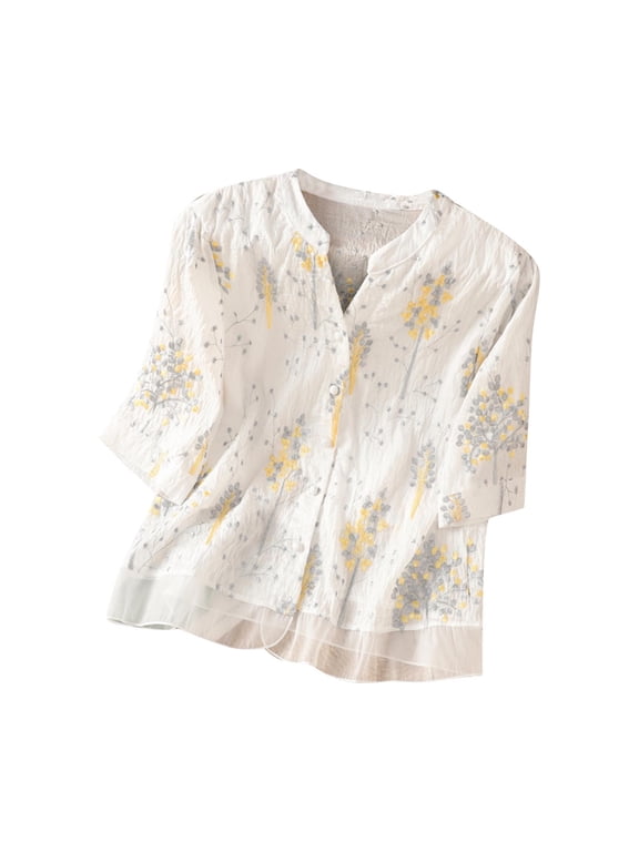 Women's Floral Embroidered Collar Blouse Linen Look 3/4 Sleeve Vintage Button Down Patchwork Peasant Blouses