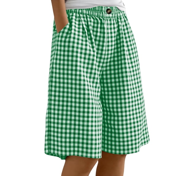 Lpmadey Women's Gingham Plaid Cotton Shorts Elastic Waist Loose Fit Casual Bermuda Shorts Lightweight Lounge Pants