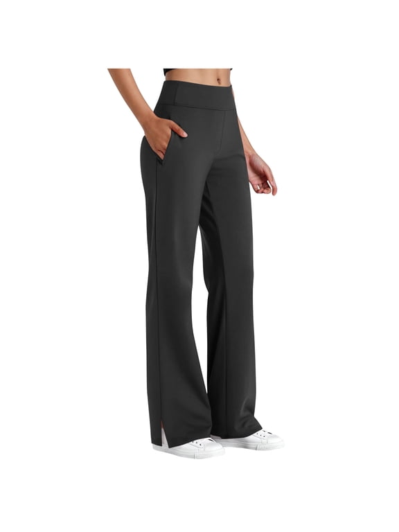 Women's High Waist Split Hem Yoga Pants Elastic Waist Straight Leg Trousers with Pockets, Casual Work Pants
