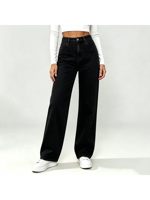 Women's High Waist Wide Leg Jeans Button Fly Straight Leg Denim Pants with Pockets Casual Loose Trousers