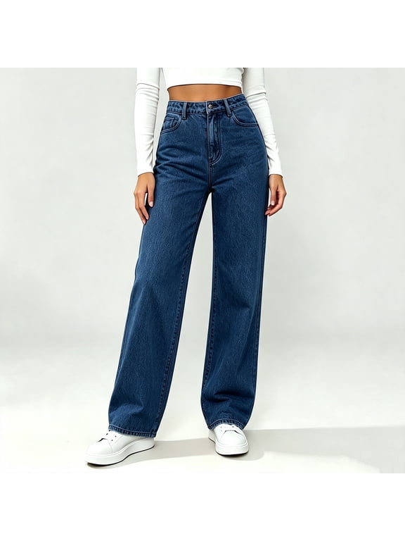 Women's High Waist Wide Leg Jeans Button Fly Straight Leg Denim Pants with Pockets Casual Loose Trousers