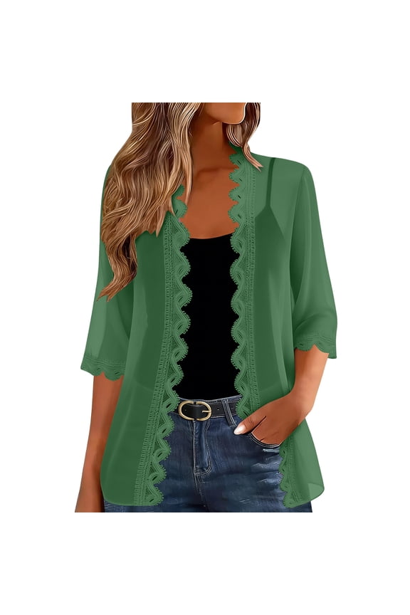 Women's Lace Trim Chiffon Cardigan, Open Front 3/4 Sleeve Office Shrug, Elegant Lightweight Work Cover Up, S-XXL