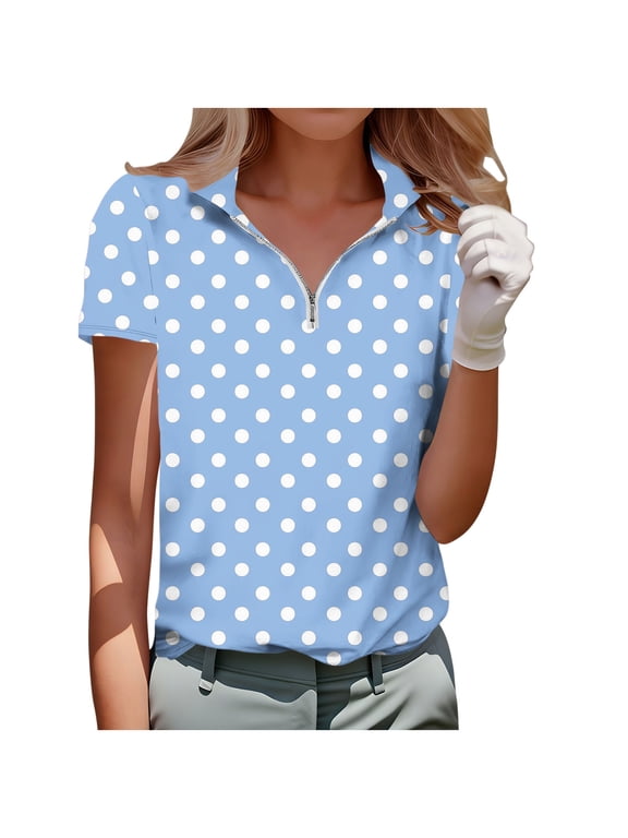 Women's Polka Dot Zip Neck Short Sleeve Polo Shirt - Casual Golf Top for Spring & Summer