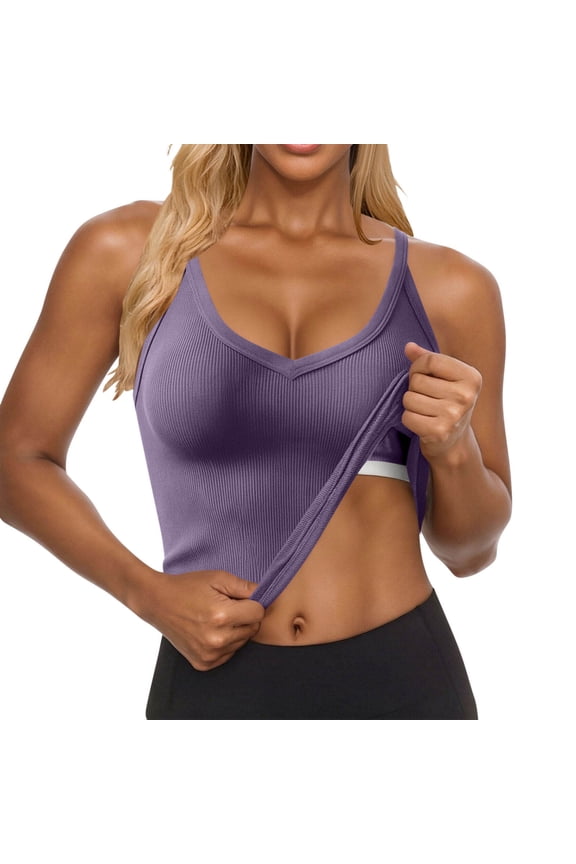 Women's Ribbed V-Neck Tank Top with Built-In Bra, Sleeveless Padded Racerback Cami, Solid Fitted Crop Top, S-XXL