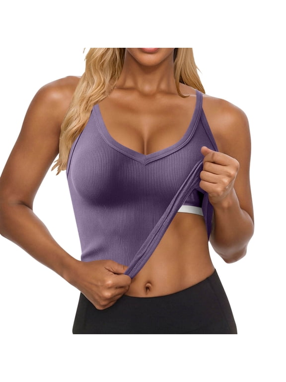 Women's Ribbed V-Neck Tank Top with Built-In Bra, Sleeveless Padded Racerback Cami, Solid Fitted Crop Top, S-XXL