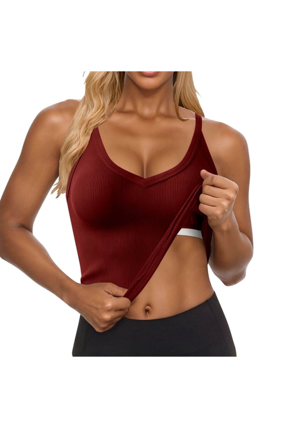 Women's Ribbed V-Neck Tank Top with Built-In Bra, Sleeveless Padded Racerback Cami, Solid Fitted Crop Top, S-XXL