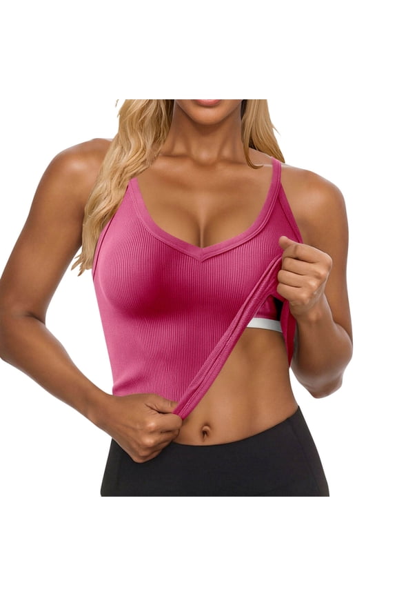 Women's Ribbed V-Neck Tank Top with Built-In Bra, Sleeveless Padded Racerback Cami, Solid Fitted Crop Top, S-XXL