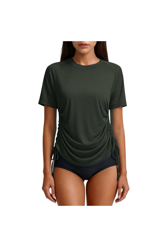 Women's Short Sleeve Sun Protection Shirt Solid Adjustable Side Drawstring Loose Fit Beach Surf Top