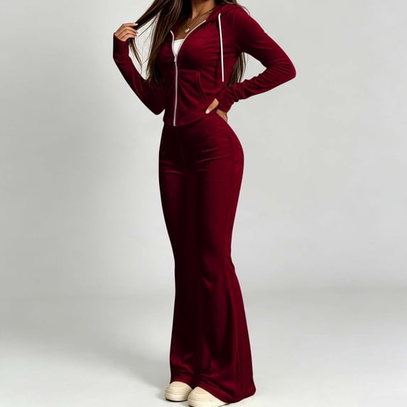 Lpmadey Women's Velour Outfit Set Hooded Zip Up Jacket and Flared Pants 2 Piece Tracksuit Lounge Wear with Pockets