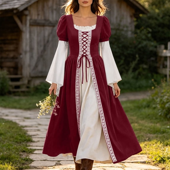 Lpmadey Women's Vintage Medieval Renaissance Dress Square Neck Puff Sleeve Lace Trim Lace Up Corset Waist Long Gown