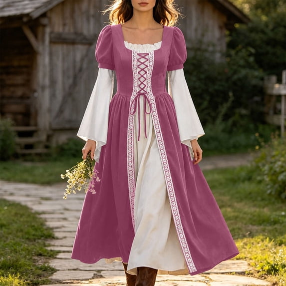 Lpmadey Women's Vintage Medieval Renaissance Dress Square Neck Puff Sleeve Lace Trim Lace Up Corset Waist Long Gown