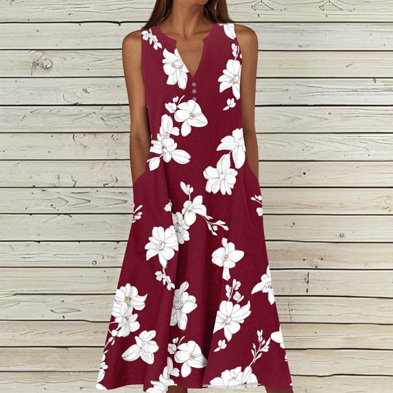 Lpmadey Womens Fashion Print Sleeveless V Neck Plus Size Sundress Casual Button Front Flowy Summer Beach Dress