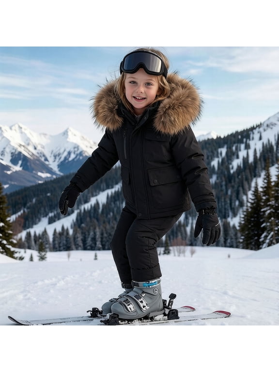 Youth Ski Suit 2 Piece Winter Snowsuit with Fluffy Trim Hooded Jacket and Bib Pants Waterproof Windproof for Outdoor