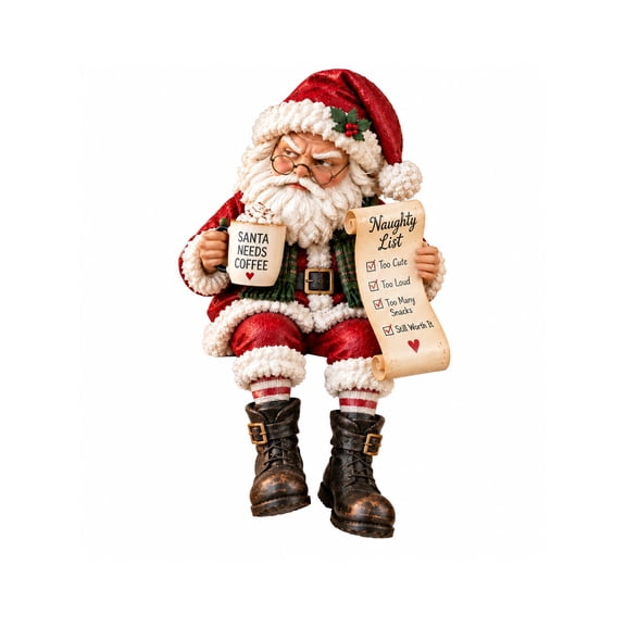 Lpvtoar Christmas Santa Tabletop Figurine, Resin Coffee Mug and Naughty List Character Decor for Bedroom Living Room Mantel Holiday Display