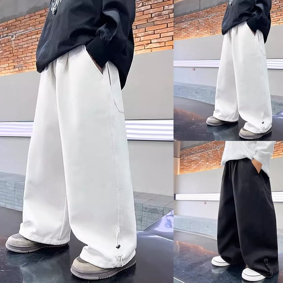 LpwkSSA Boys' Long Sports Pants Solid Color Elastic High Waist Loose Fit Straight Wide Leg Trousers With Pockets Casual Dailywear Pants Black 5 Years