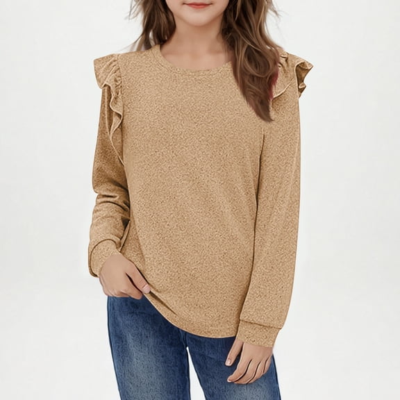 LpwkSSA Children Kids Girls Long Sleeve Shirts Spring Fashion Round Neck Basic Tops Casual Loose Comfy Tshirt Tunic Tops (Khaki,4-5 Years)