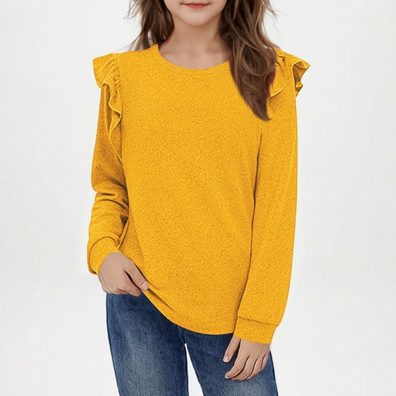 LpwkSSA Children Kids Girls Long Sleeve Shirts Spring Fashion Round Neck Basic Tops Casual Loose Comfy Tshirt Tunic Tops (Yellow,9-10 Years)