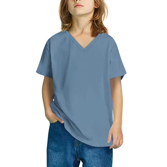LpwkSSA Children Kids Girls Summer V Neck Basic Short Sleeve T Shirts Casual Solid Color Tshirt Loose Comfy Soft Tops Blouses (Blue,5-6 Years)