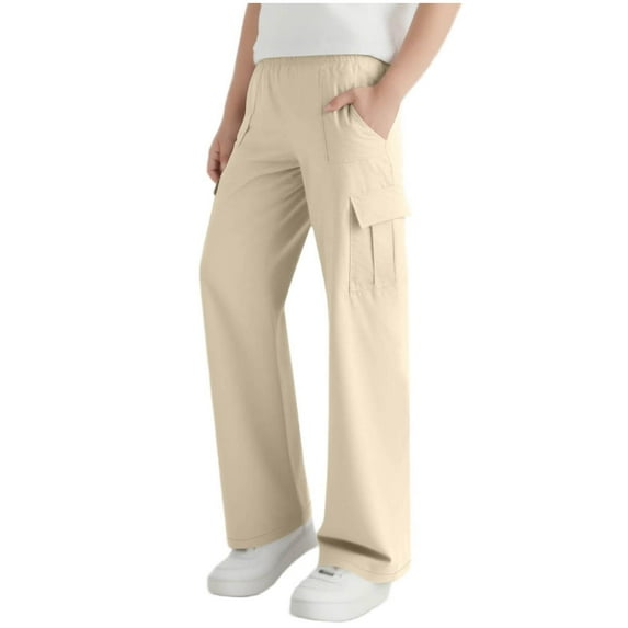 LpwkSSA Children's Cargo Pants Solid Color Elastic Waist Wide Soft Leg Work Pants with Pockets Mid Size Casual Fashion Loose Pants Beige 9 Years