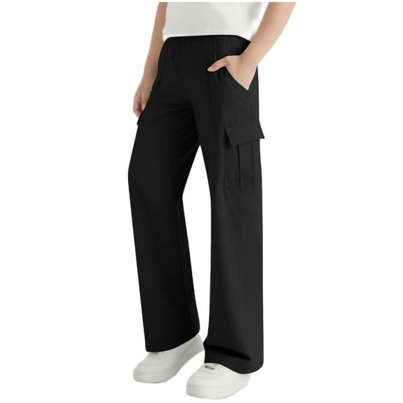 LpwkSSA Children's Cargo Pants Solid Color Elastic Waist Wide Soft Leg Work Pants with Pockets Mid Size Casual Fashion Loose Pants Black 11 Years