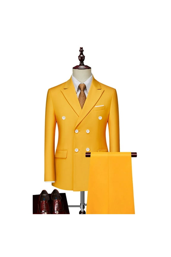 Double-Breasted Suit Set with Pocket Long Sleeve Lapel Stylish Casual Wear for Men Comfortable Lightweight Fabric Perfect for Weddings Parties and Formal Occasions Yellow XXL