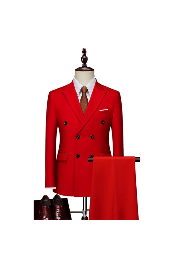 Double-Breasted Suit Set with Pocket Long Sleeve Lapel Stylish Casual Wear for Men Comfortable Lightweight Fabric Perfect for Weddings Parties and Formal Occasions Red XXXXL