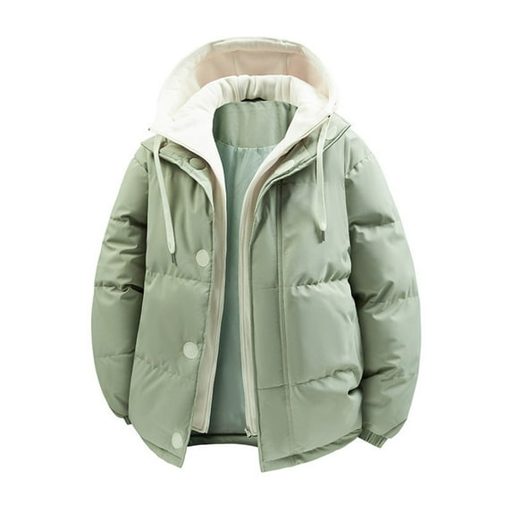 LpwkSSA Down Hooded Jacket for Man Windproof Thicken Couple Winter Warm Coat Solid Color Zipper Casual Puffer Jacket with Pockets Green XL