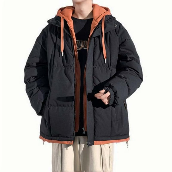 LpwkSSA Fake Two Piece Men's Hooded Cotton Coat Padded Jacket Winter Warm Male Thicken Thermal Coats Drawstring Solid Down Jacket with Pocket Black L