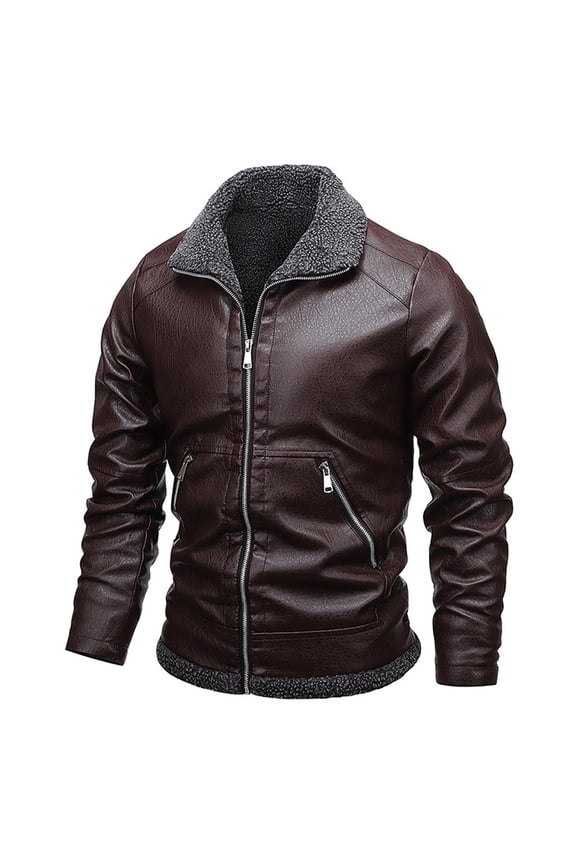 Fashion Leather Jacket for Men Solid Color Stand Collar Motorcycle Zipper Coat Long Sleeve Hoodless Faux Leather Outerwear Jackets Brown XXXXL