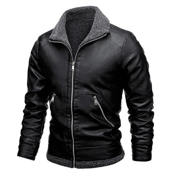 LpwkSSA Fashion Leather Jacket for Men Solid Color Stand Collar Motorcycle Zipper Coat Long Sleeve Hoodless Faux Leather Outerwear Jackets Black M