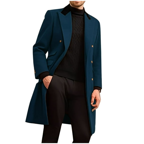 LpwkSSA Fashion Trench Coats for Men Plus Size Autumn and Winter Solid Color Pocket Double-breasted Long Sleeves Loose Coat Overcoat Gifts for Mens Blue L