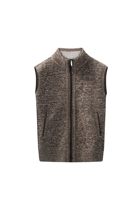 Fashionable Casual Zipper Cardigan Sleeveless Waistcoat Stand Collar Fleece Warm Knit Sweater Coat with Pockets for Daily Outdoor Events Winter Style Men Brown XXXL