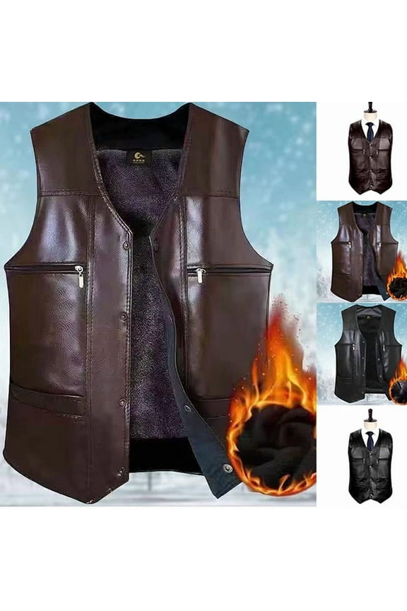 Faux Leather Vest for Men Winter Fleece Lined Waistcoat Button Down Solid Color Casual Fashion V Neck Sleeveless Coats Outdoor Windproof Vest Brown XXL