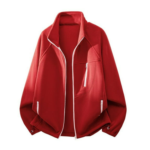 LpwkSSA Fleece Jackets for Men with Pockets Zip Up Long Sleeve Sweatshirts Stand Collared Solid Color Slim Fit Warm Office Work No Hood Outerwear Coats Red M