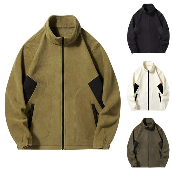 LpwkSSA Fleece Jackets for Men Winter Thermal Solid Color Long Sleeved Stand-up Collar Zipper Fleece Thick Coat with Pocket Gold XXXXL