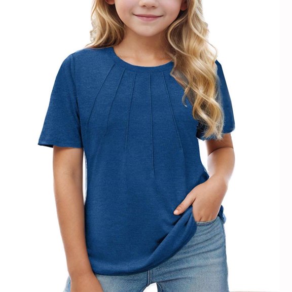 LpwkSSA Girls Short Sleeve T Shirts Children Kids Summer Round Neck Pleated Tshirt Casual Comfy Solid Color Basic Tops (Blue,3-4 Years)