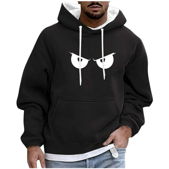 LpwkSSA Graphic Print Hoodie for Men Casual Long Sleeve Solid Color Pullover Drawstring Hooded Sweatshirt with Fornt Pocket Casual Sports Hoodie Black XXL