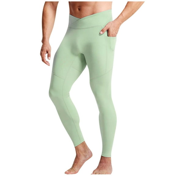 LpwkSSA High-Waist Pocket Sports Tight Pants Breathable Elastic Waist Comfortable Running Leggings Warm Fitness Tights Casual Outdoor Men’s Apparel Green XXL