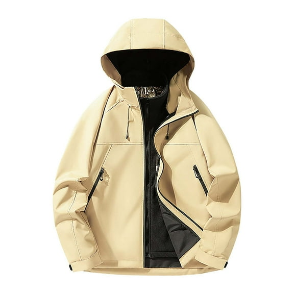 LpwkSSA Hiking Jacket for Men Solid Color Outdoor Climb Sports Coat with Pocket Zipper Long Sleeved Three-in-One Hooded Loose Fit Mountaineering Fashion Coat Yellow L